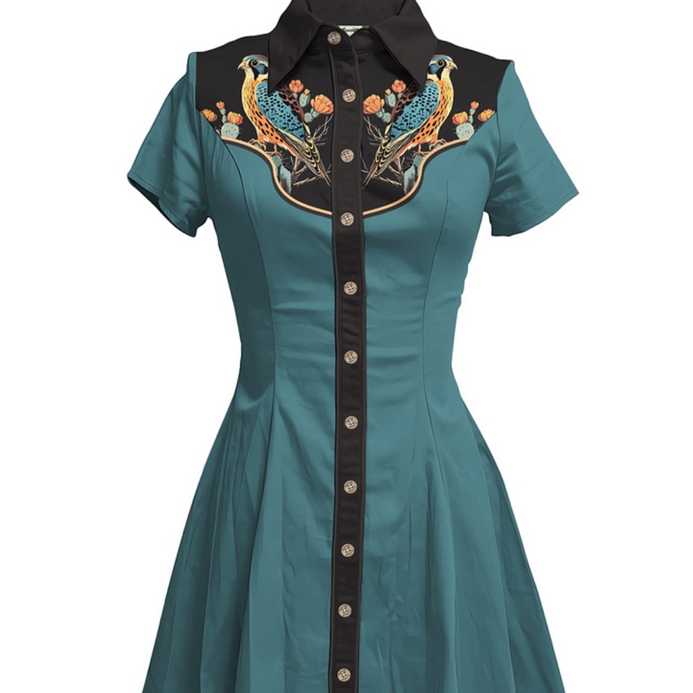 Teal Button-Down Dress with Bird Design